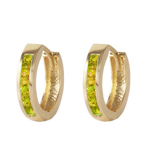 14K. SOLID GOLD HOOP HUGGIE EARRING WITH PERIDOTS (Yellow Gold)